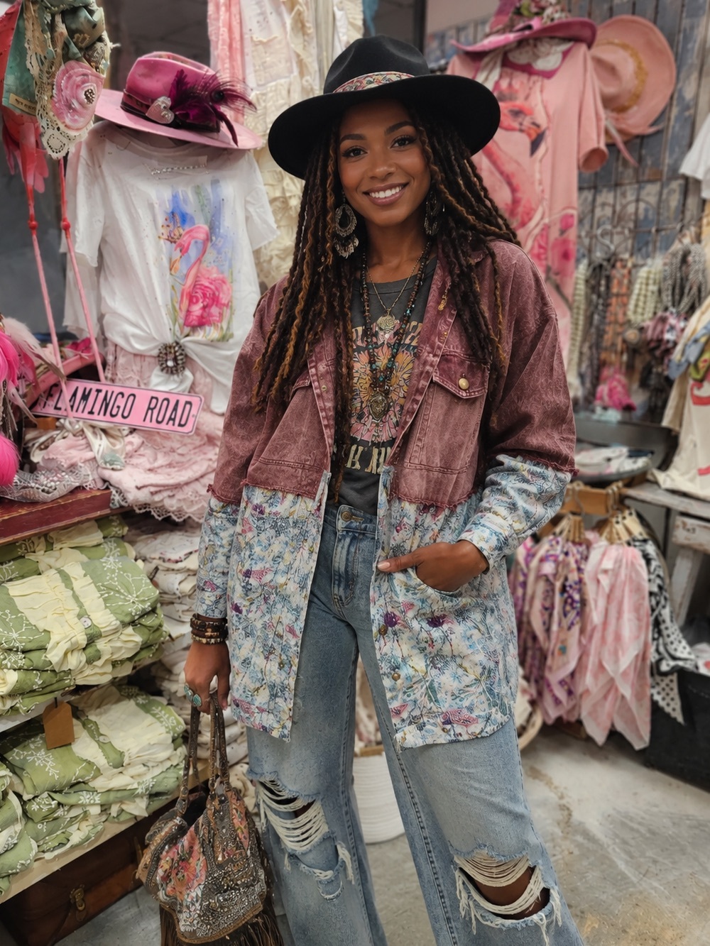Mixed-Media lavender floral Patchwork Jean Jacket
